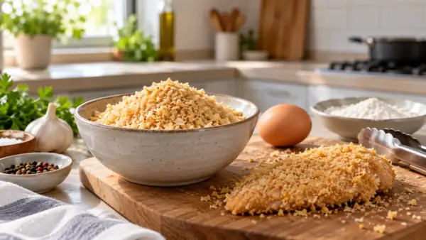 Панировочные хлопья в керамической миске на современной кухне