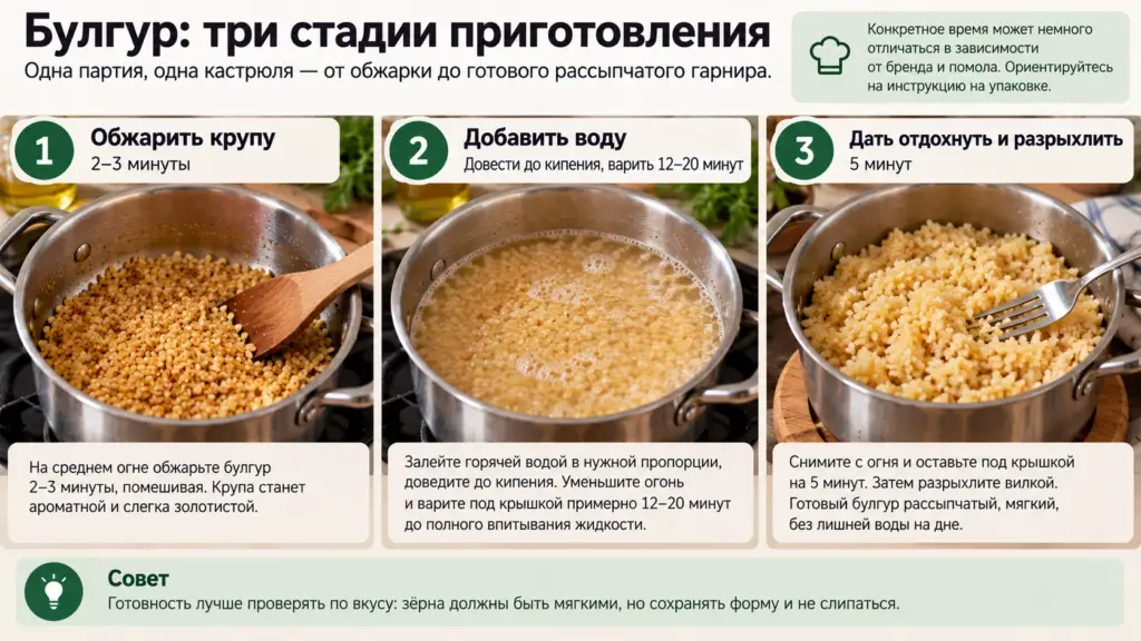 Булгур до варки, во время приготовления и после впитывания воды