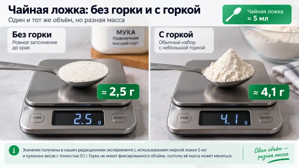 Чайная ложка муки с горкой и без горки