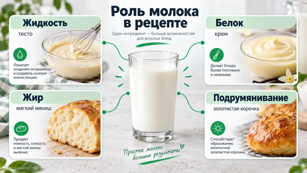 Роль жидкости, белка и жира молока в выпечке и других блюдах.