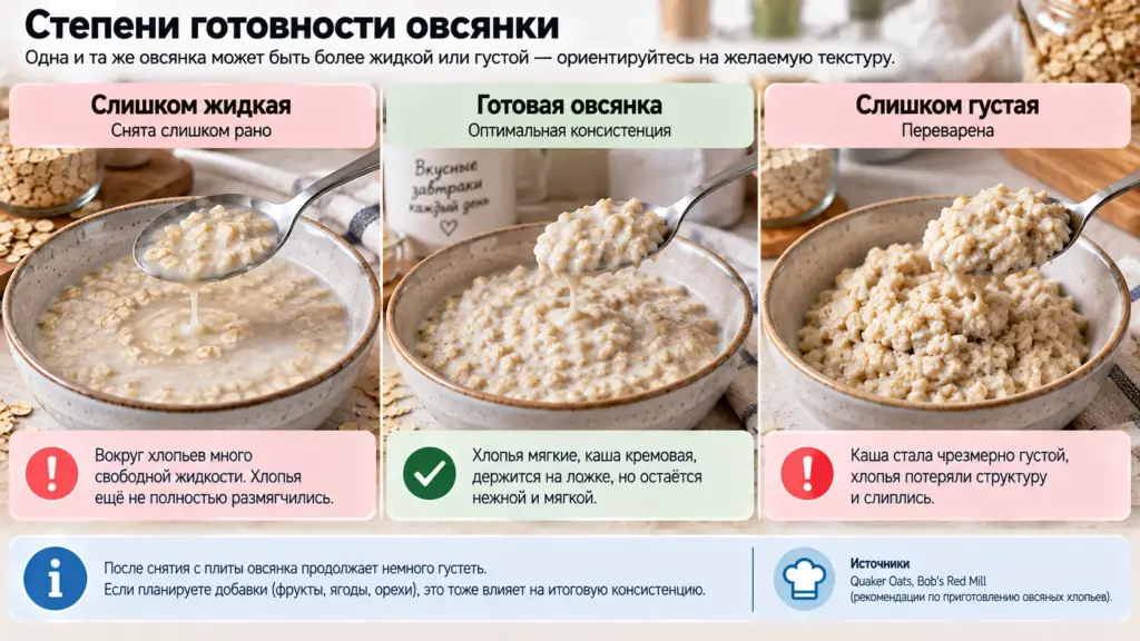 Овсянка в начале варки, готовая и слишком густая