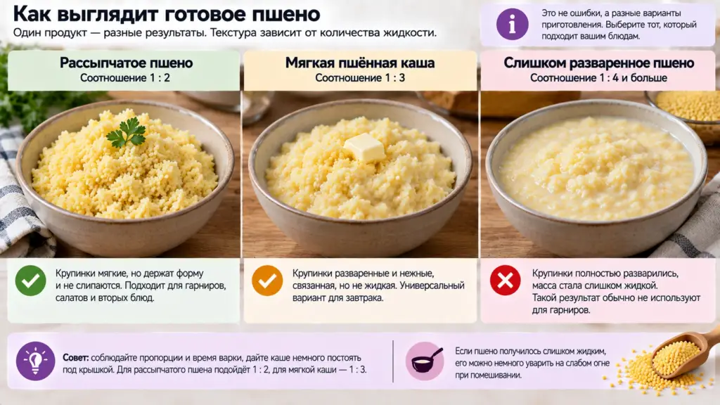 Рассыпчатое, мягкое и слишком разваренное пшено