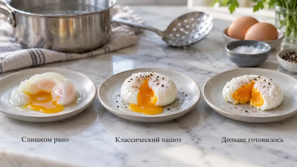 Недоваренное, классическое и более плотное яйцо пашот