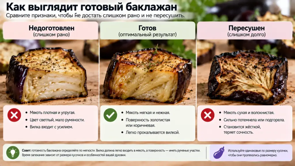 Недоготовленный, правильно запечённый и пересушенный баклажан