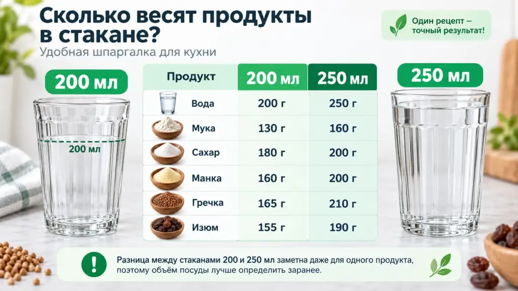 Таблица граммов продуктов в стакане 200 и 250 миллилитров