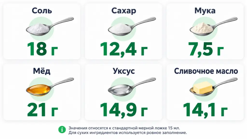 Таблица граммов соли, сахара, муки, мёда и уксуса в столовой ложке