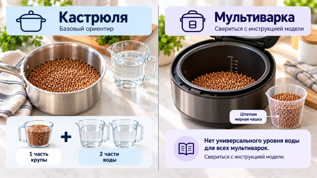Сравнение пропорций гречки в кастрюле и мультиварке