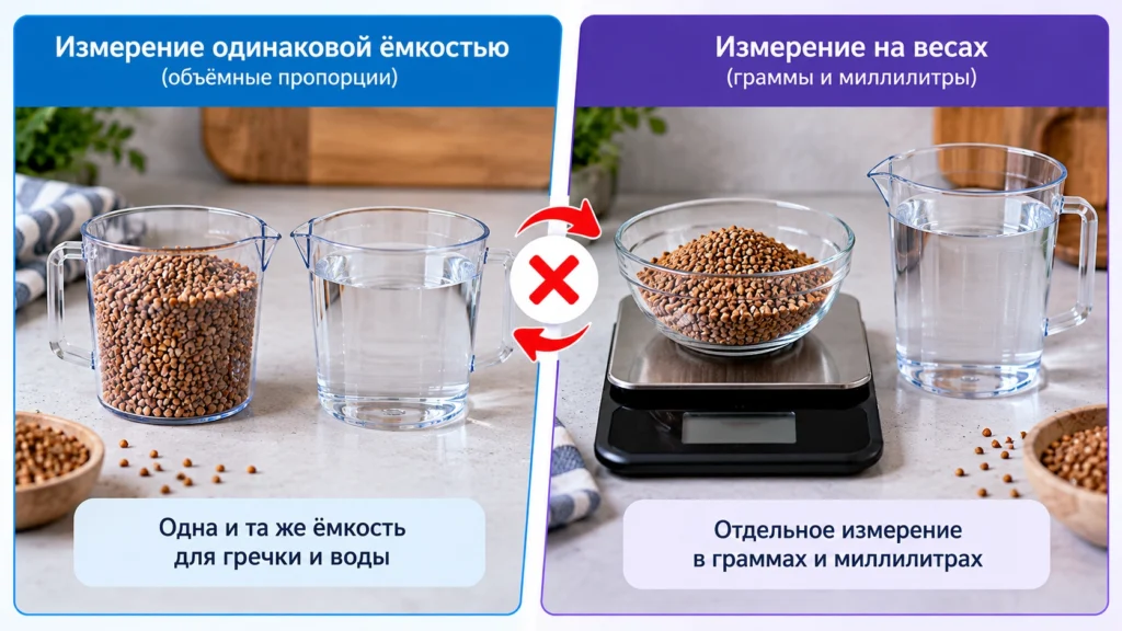 Измерение гречки стаканом и на кухонных весах