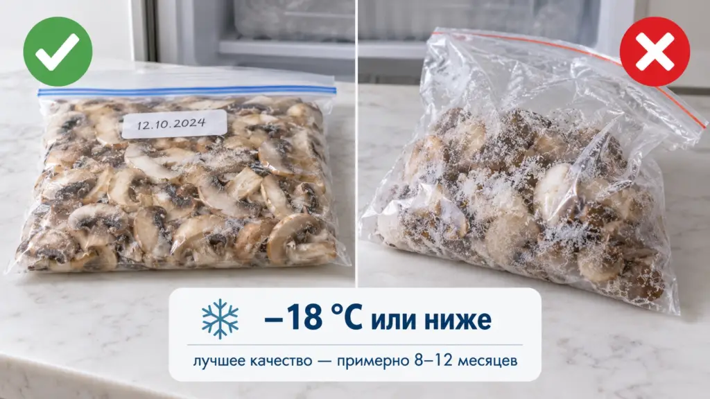 Правильно и плохо упакованные замороженные грибы