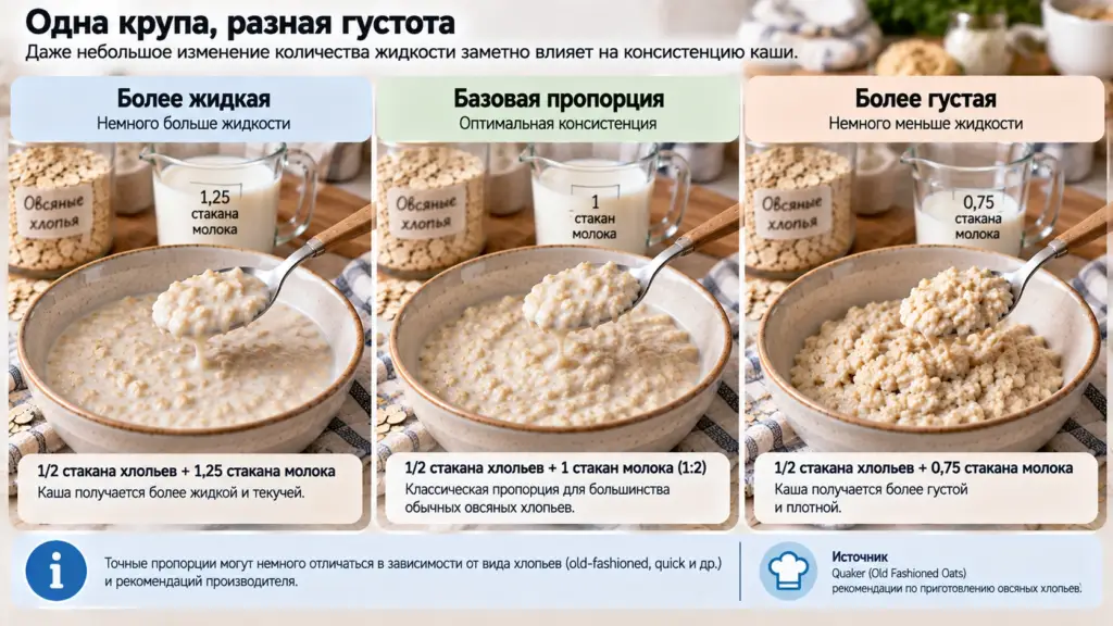 Жидкая, средняя и густая молочная овсяная каша
