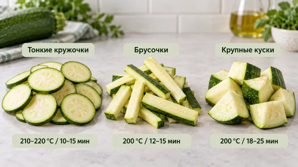 Время запекания кабачков кружочками, брусками и крупными кусочками.