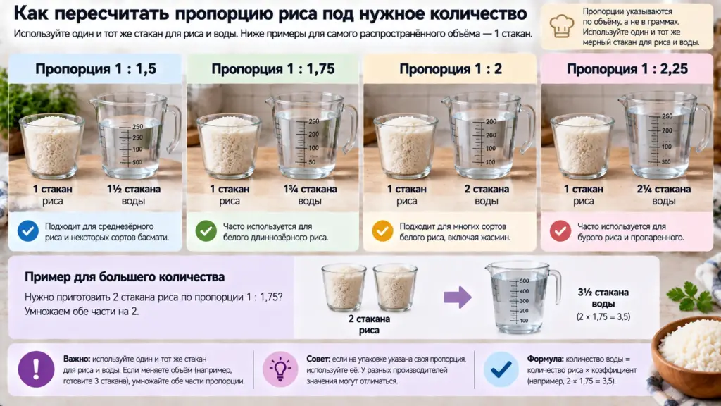 Пересчёт пропорций воды на один стакан риса