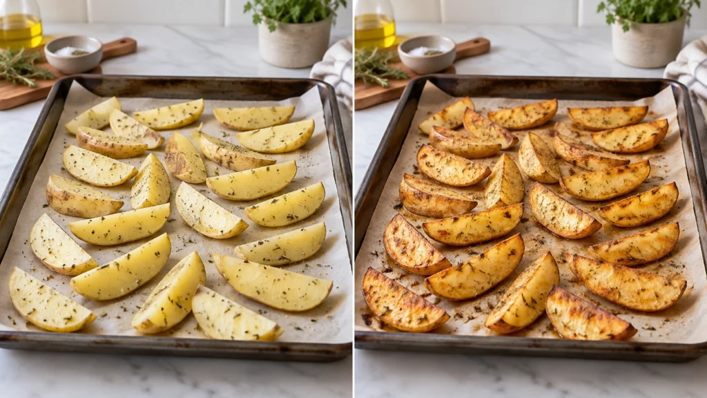 Картофель дольками до и после запекания в духовке
