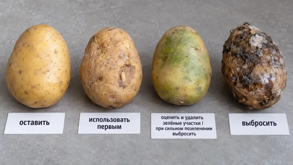 Нормальный, проросший, зелёный и испорченный картофель