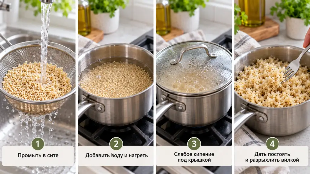 Промывание, варка и готовая киноа в кастрюле