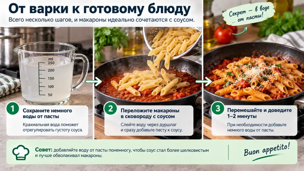 Макароны после варки соединяют с соусом