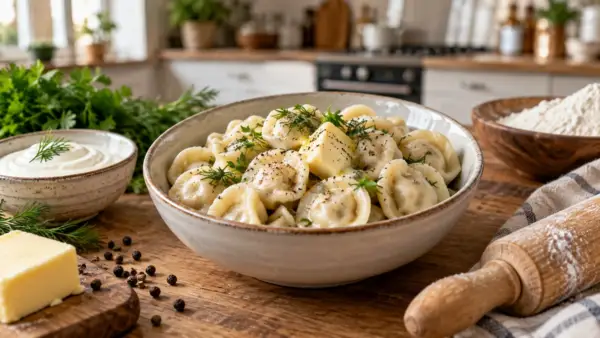 Мясные пельмени в керамической миске на современной кухне