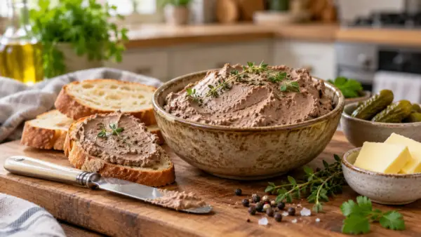 Мясной паштет в керамической миске на современной кухне