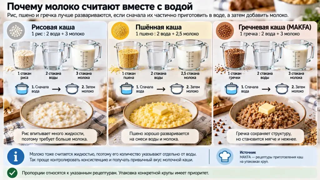 Вода и молоко для рисовой, пшённой и гречневой каши