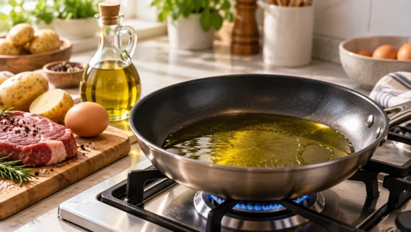 Жарка продуктов на оливковом масле в сковороде