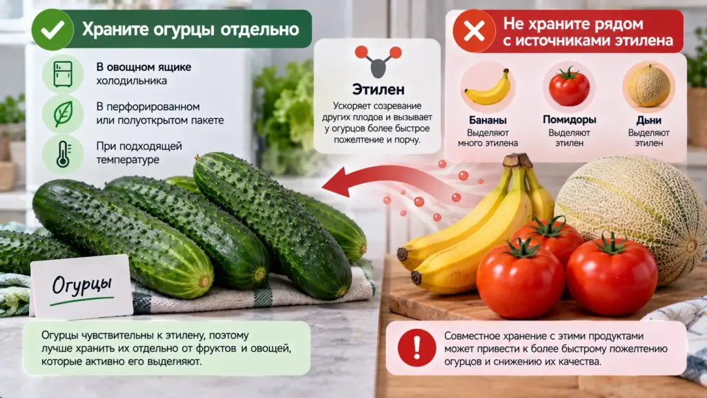 Огурцы отдельно от бананов, помидоров и дыни