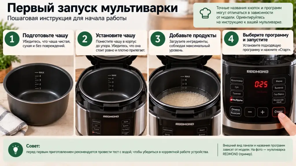 Установка чаши, загрузка продуктов и запуск программы мультиварки