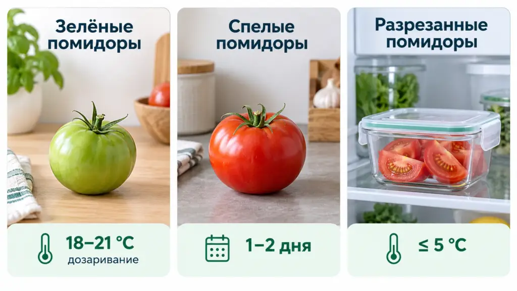 Где хранить зеленые, спелые и разрезанные помидоры