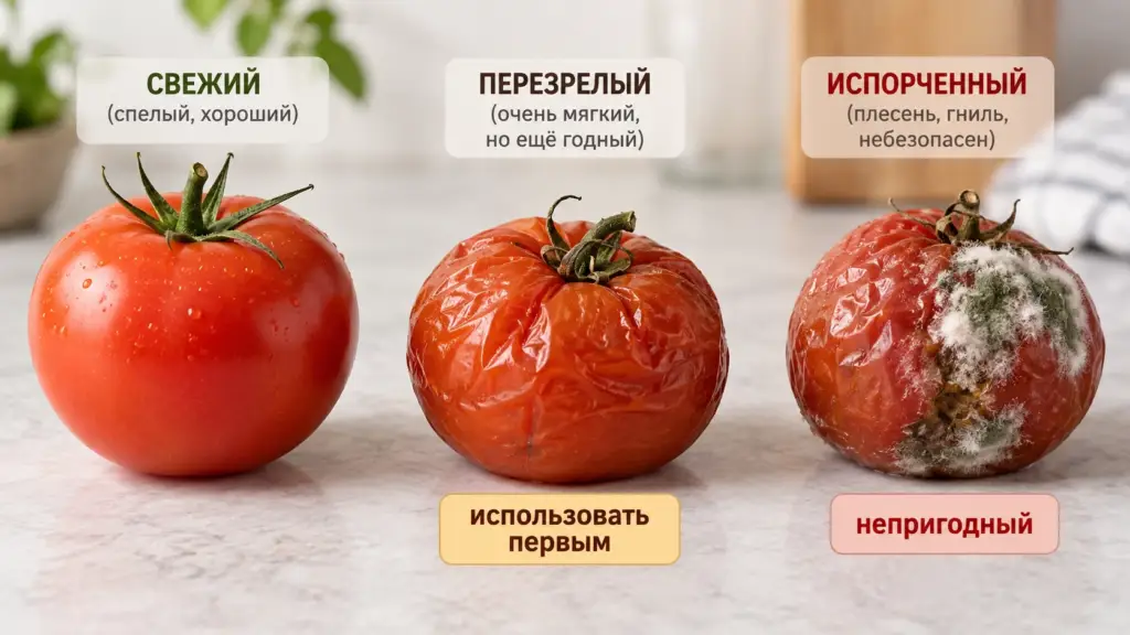 Свежий, переспелый и испорченный помидор с признаками плесени