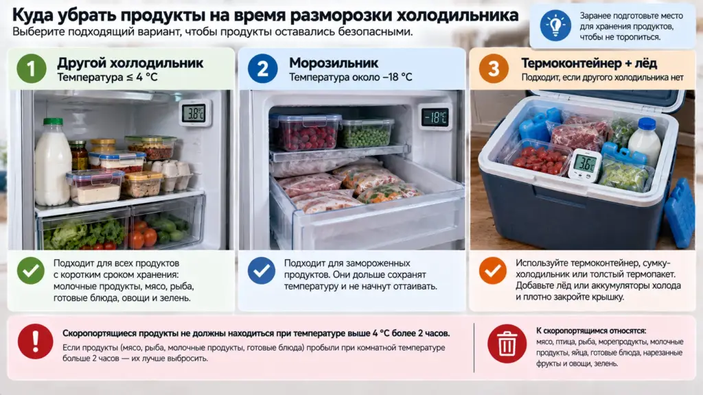 Хранение продуктов в термоконтейнере во время разморозки холодильника