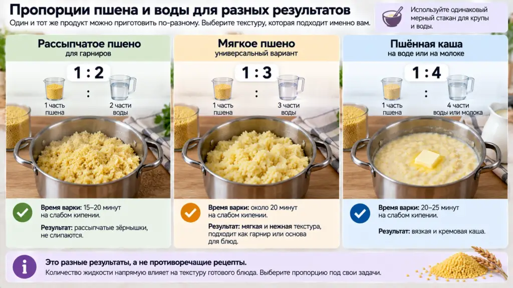 Пропорции пшена и воды один к двум, один к трём и один к четырём