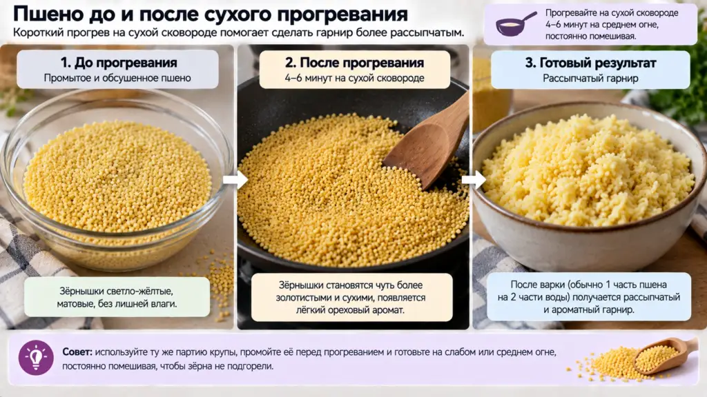 Пшено до и после сухого прогревания на сковороде