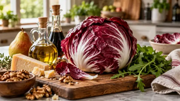 Салат радичио на деревянной доске на современной кухне