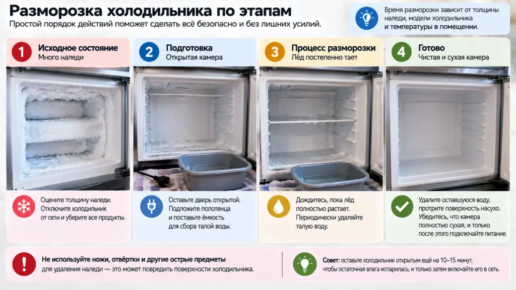 Холодильник до, во время и после ручной разморозки