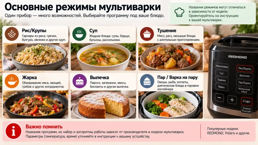 Основные программы мультиварки и блюда для них