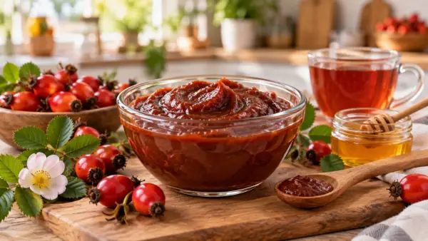 Шиповниковое пюре в стеклянной миске на современной кухне