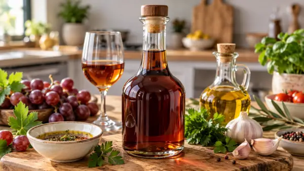 Хересный уксус в стеклянной бутылке на современной кухне