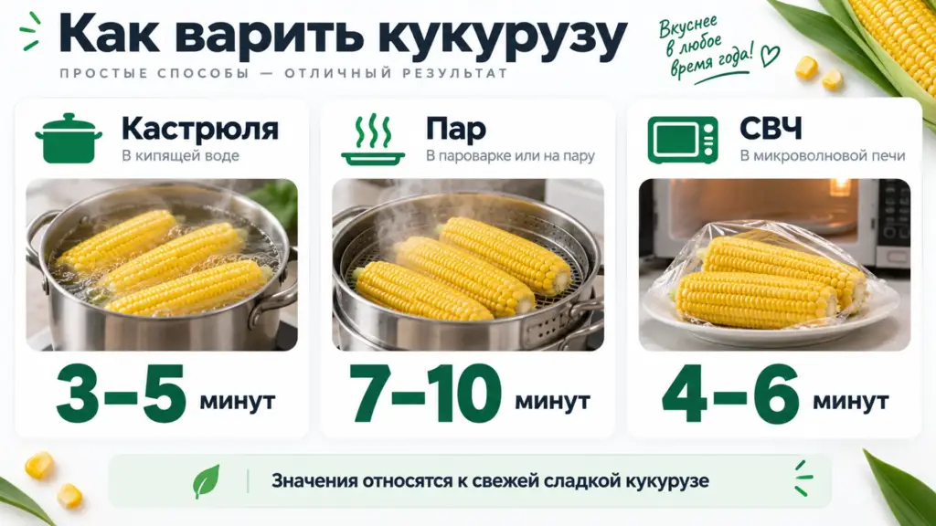 Время варки кукурузы в кастрюле, на пару и в микроволновке
