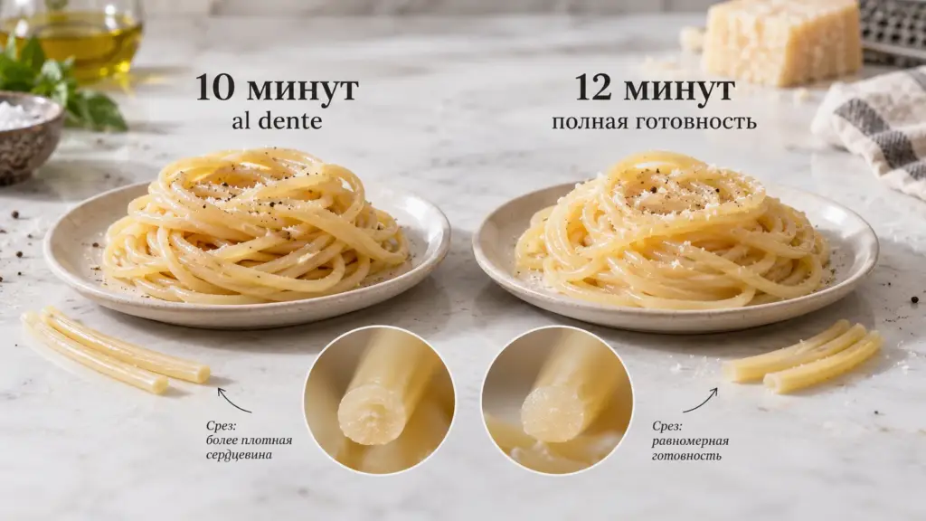 Спагетти al dente после 10 минут и полностью сваренные после 12 минут