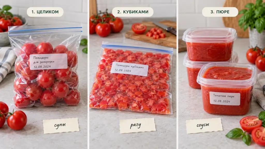 Целые, нарезанные и измельчённые помидоры для морозильника