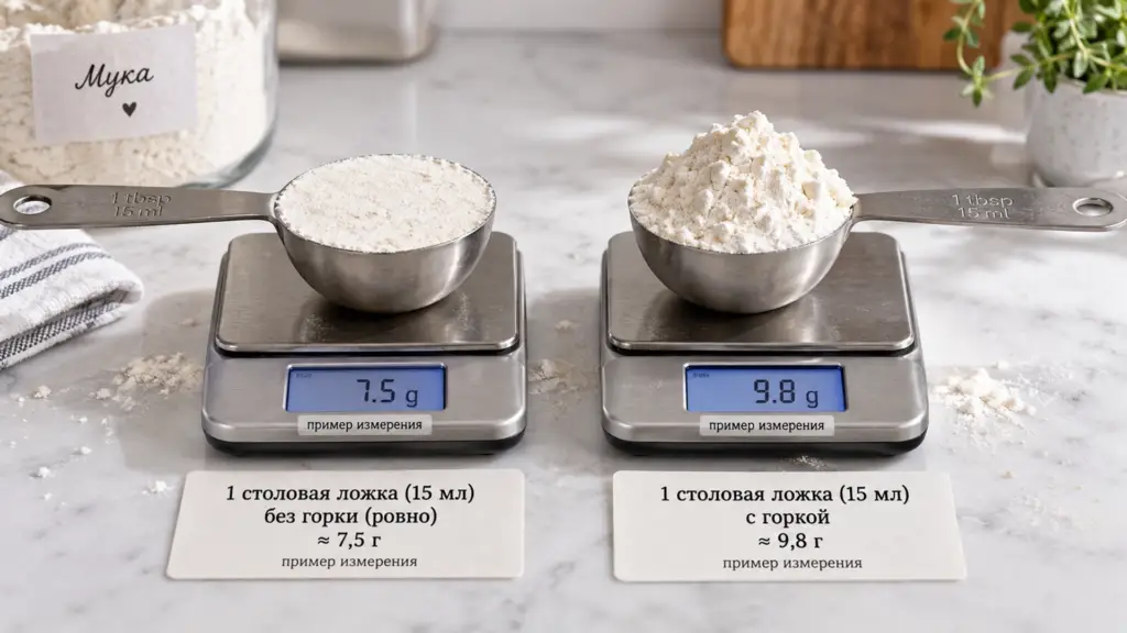 Столовая ложка муки без горки и с горкой