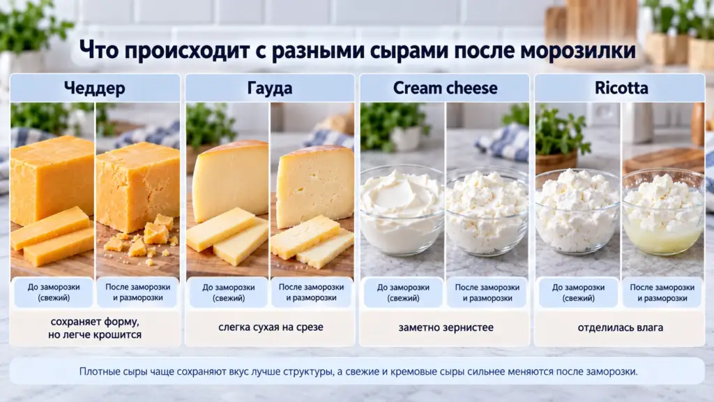 Твёрдый и творожный сыр до и после заморозки