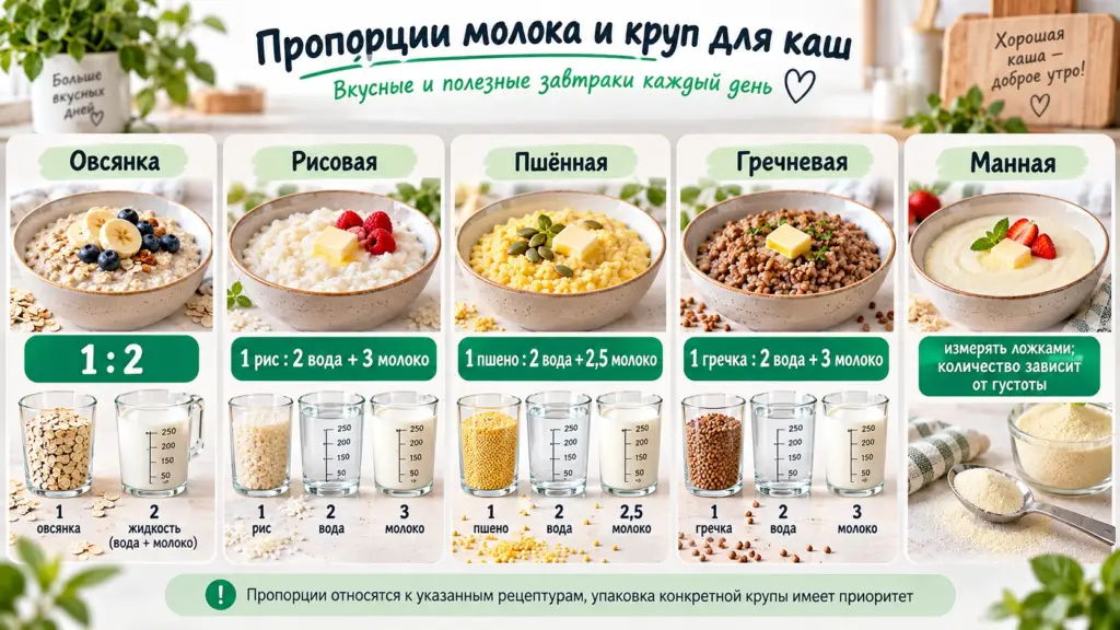 Таблица пропорций овсяной, рисовой, пшённой, гречневой и манной каши