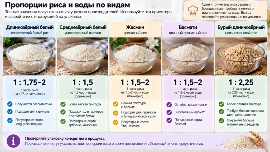 Таблица воды для длиннозёрного риса, жасмина, басмати и бурого риса