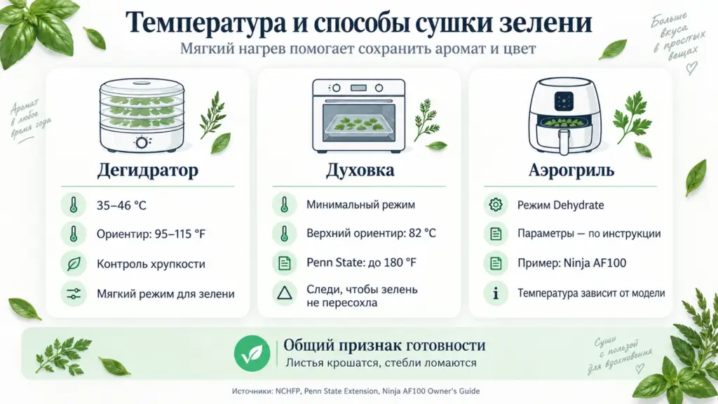 Температура сушки зелени в дегидраторе, духовке и аэрогриле
