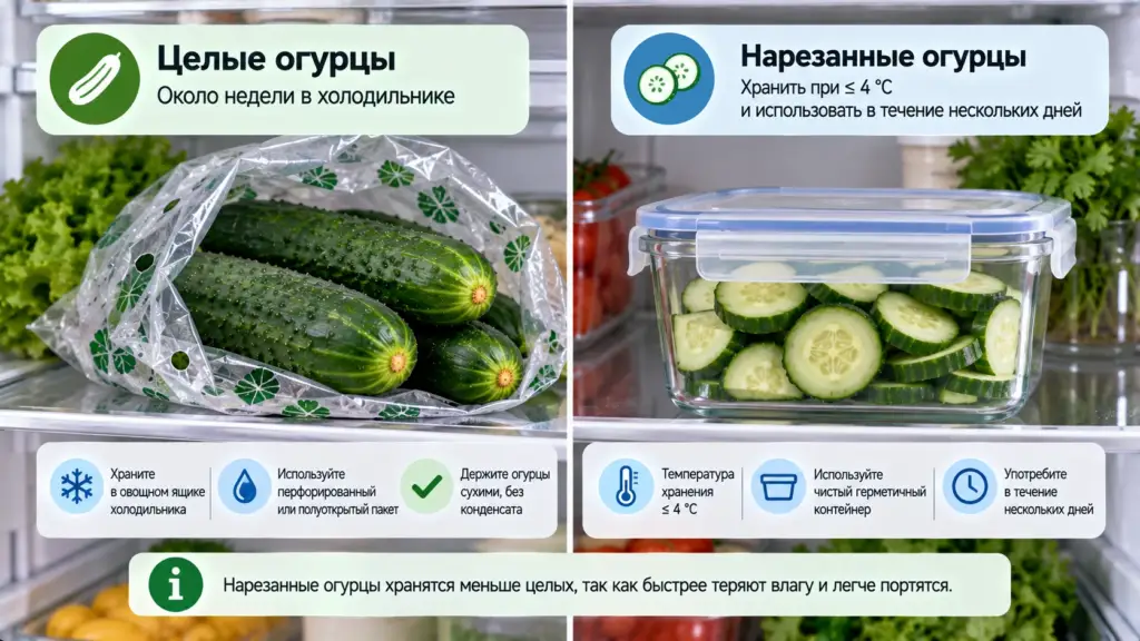 Хранение целых и нарезанных огурцов