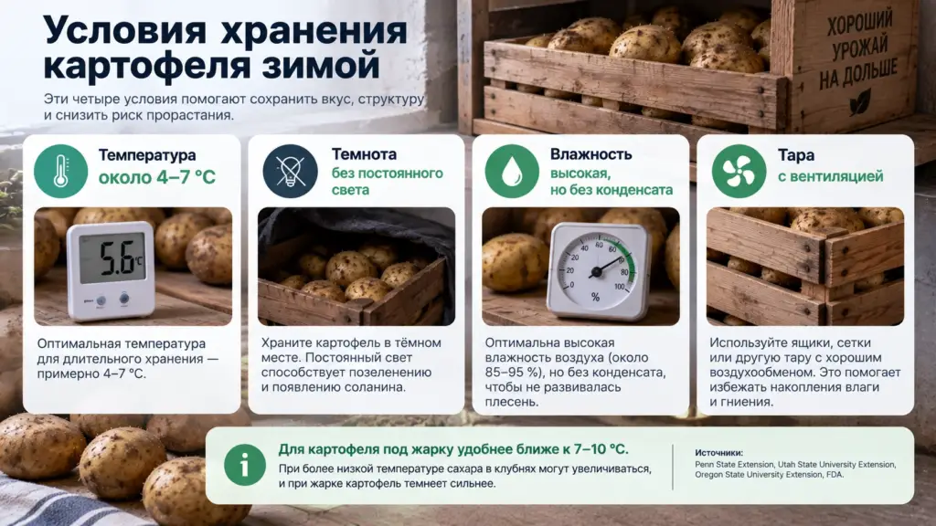 Температура, темнота и вентиляция для хранения картофеля