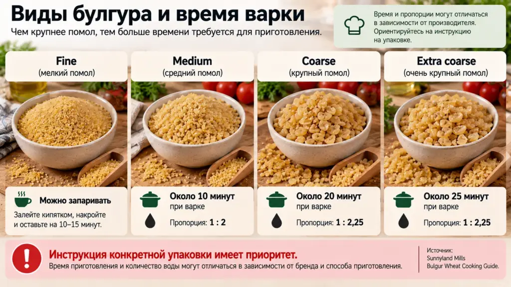 Мелкий, средний и крупный булгур с разным временем приготовления