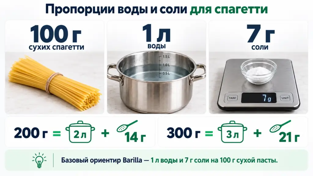 Пропорции воды и соли для варки спагетти