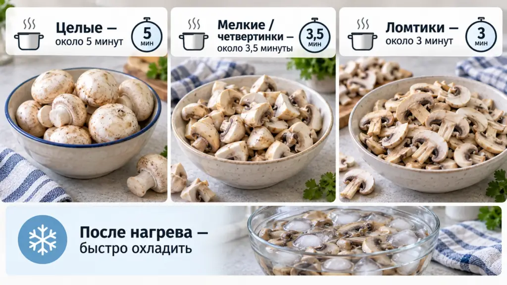 Время обработки целых грибов, четвертинок и ломтиков перед заморозкой