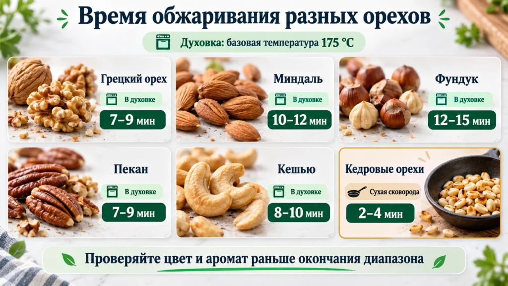 Время обжаривания грецких орехов, миндаля, фундука, кешью и кедровых орехов